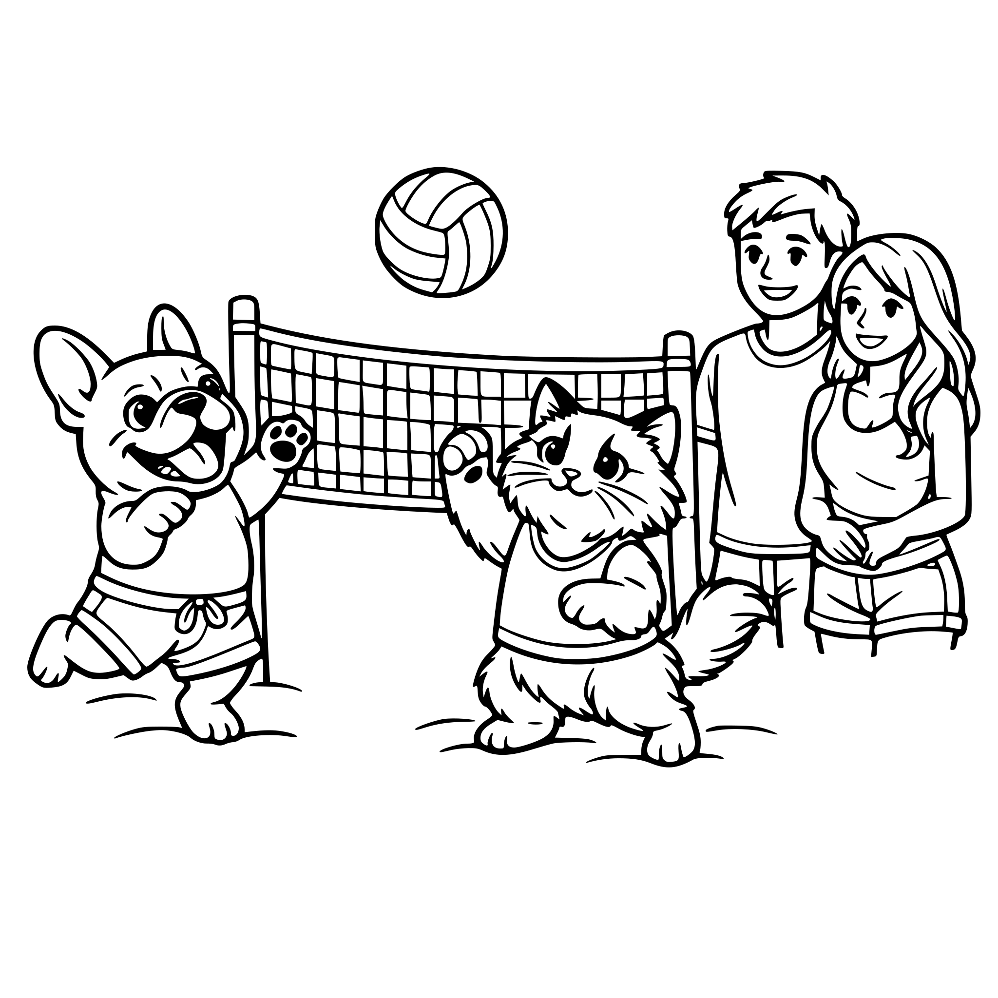 A cute french bulldogs & a cute ragdoll cat in the beach, playing volleyball with a lovely human couple, a cute man & a woman on the side watching the dog & cat playing.