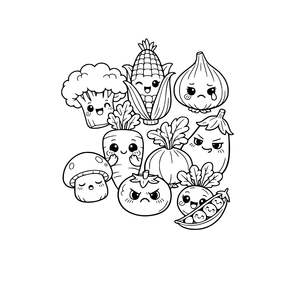 various kawaii vegetables with different facial expressions, do not repeat vegetables