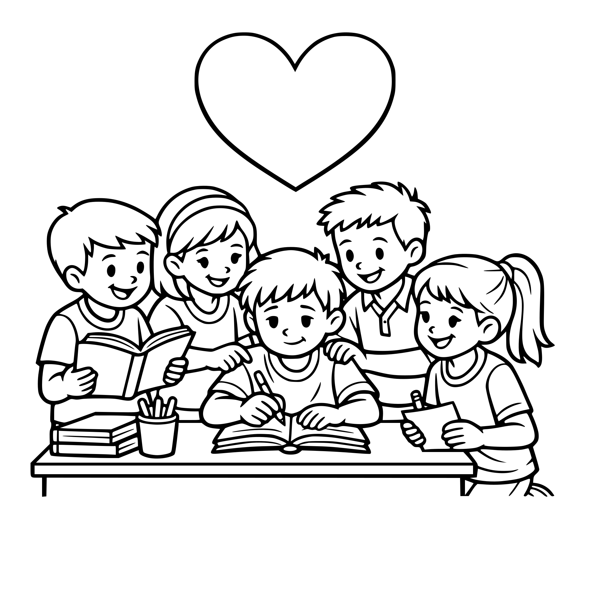 make a picture of kids helping each other in a classroom, include multiple children helping one child include a large heart at the top of the page