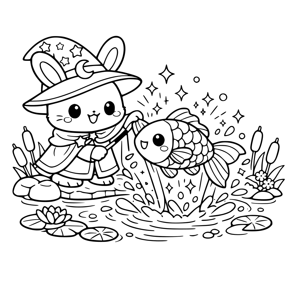 cartoon and kawaii art style of Bunny in magician robe and hat pulling rainbow fish — fish glowing, water sparkles from the pond garden