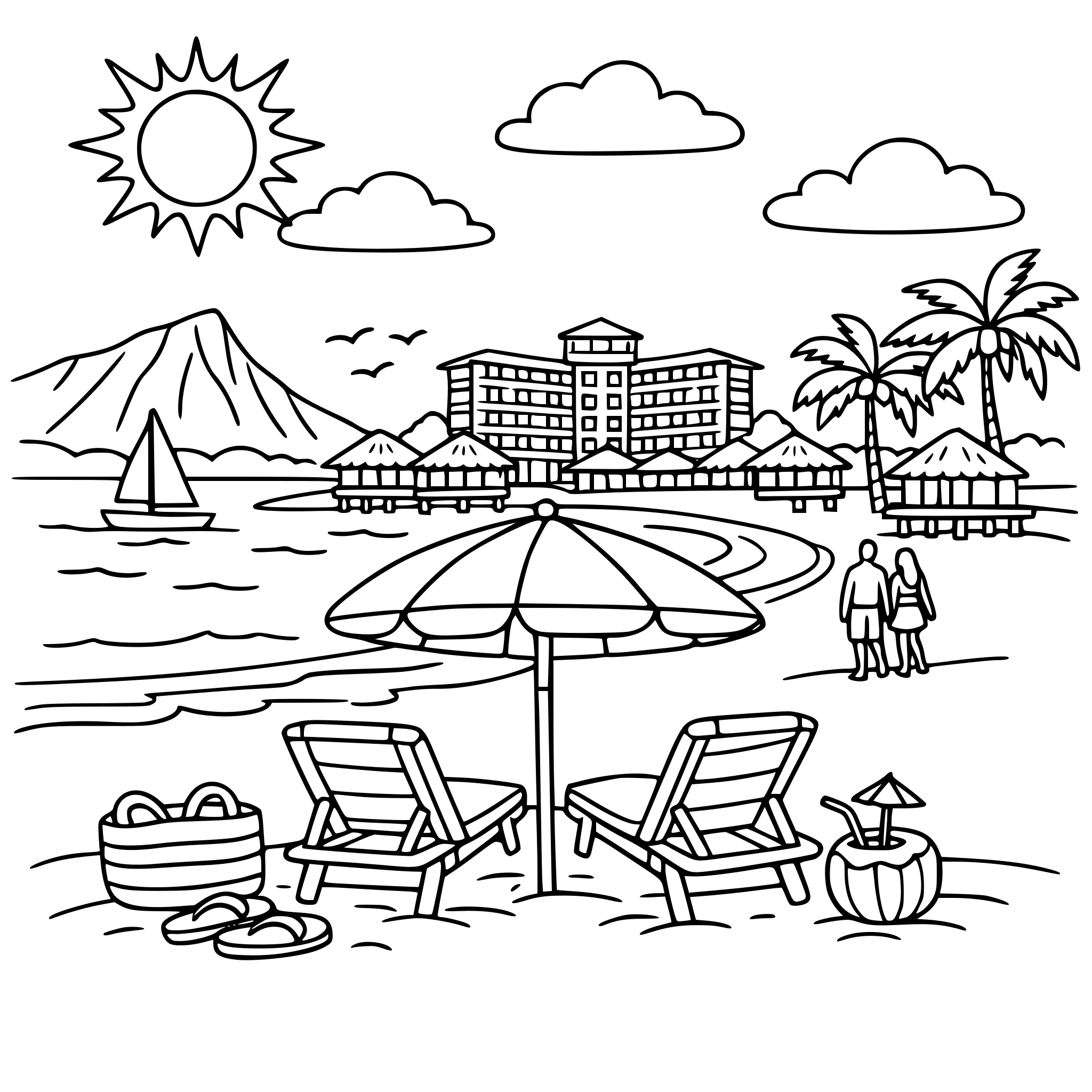 Create me 25 coloring book pages of the most visited beaches with resorts in the world