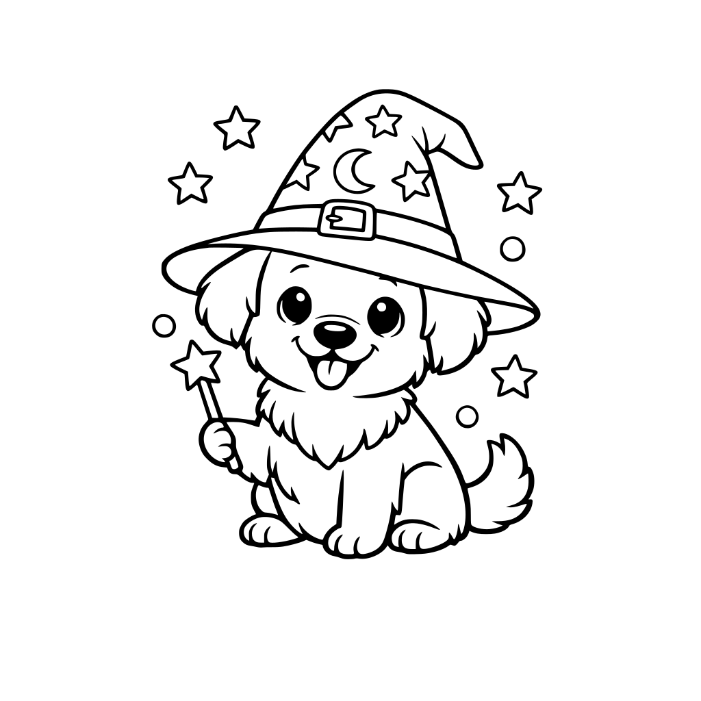 Een schattige hond met een tovenaarshoed