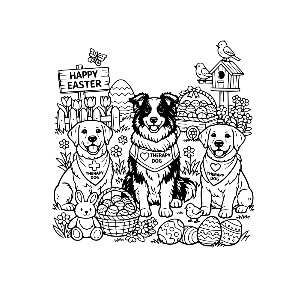 a busy garden with two labradors and one border collie therapy dogs with an easter theme in a garden as a coloring a4 page for grade 7