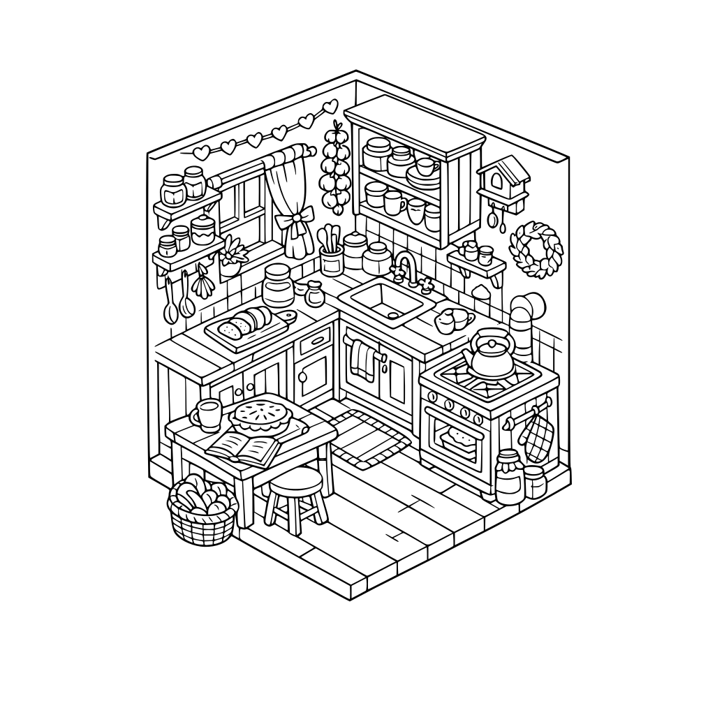 cute and cozy cottage kitchen, corner, 3d isometric