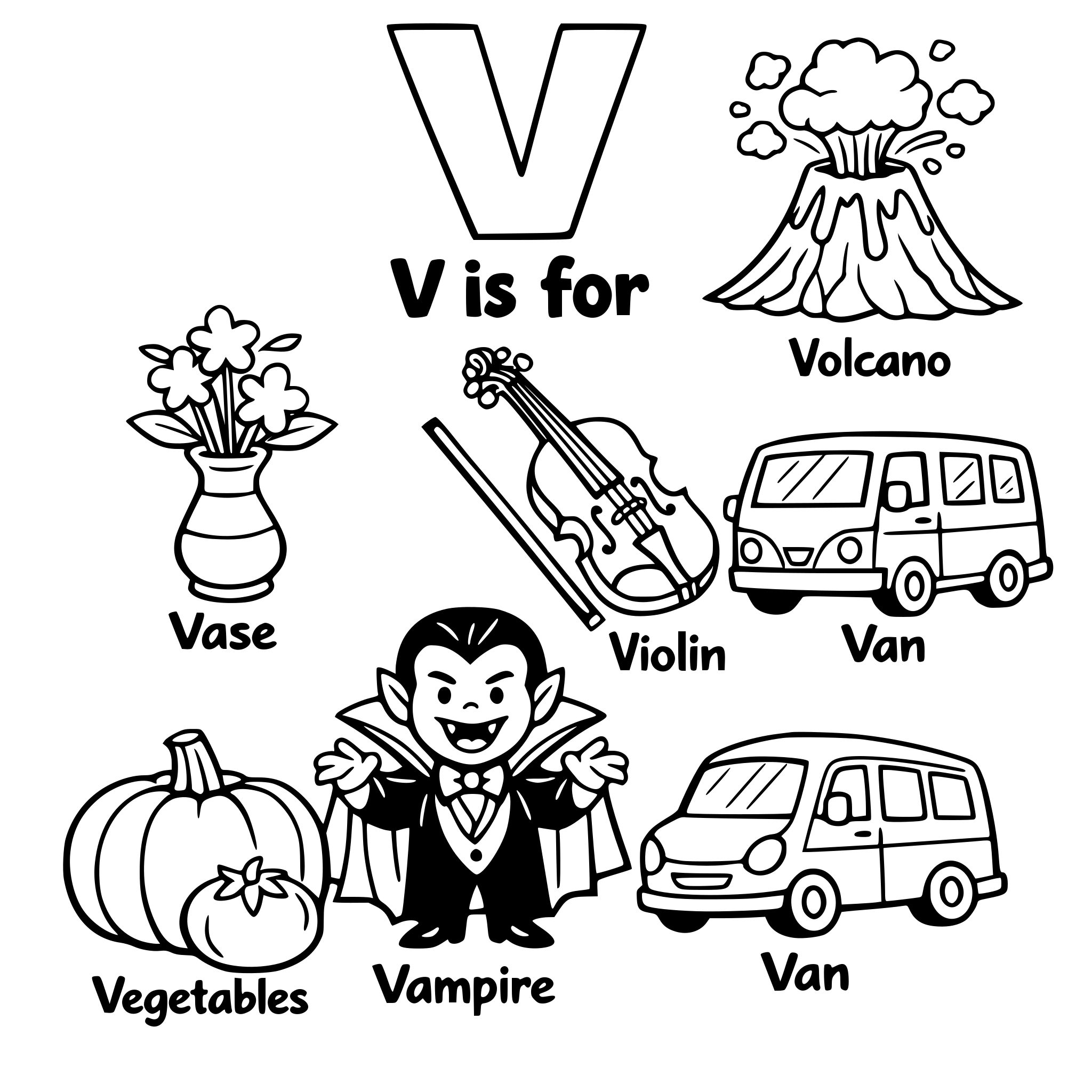 V coloring page with V words