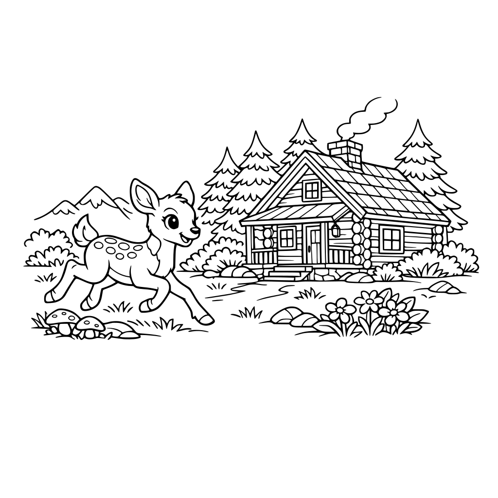 por favor dibuja una cervatillo, corriendo por el bosque. Al lado de una cabaña de madera