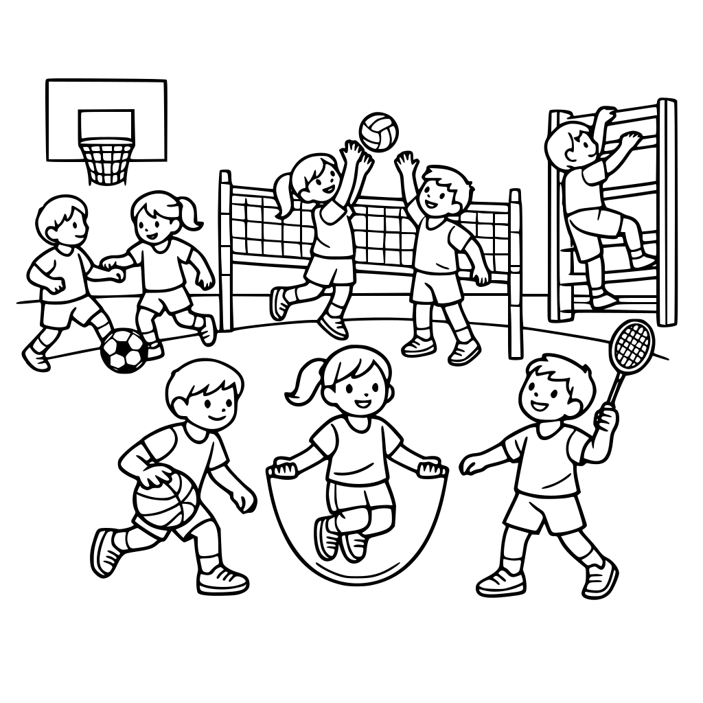 Een sporthal met spelende kinderen.