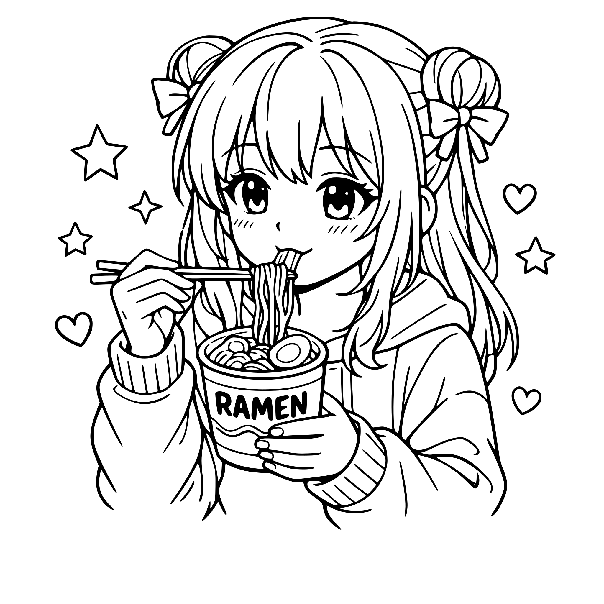Cute anime girl eating a delicious ramen from a ramen cup, relaxing vibes