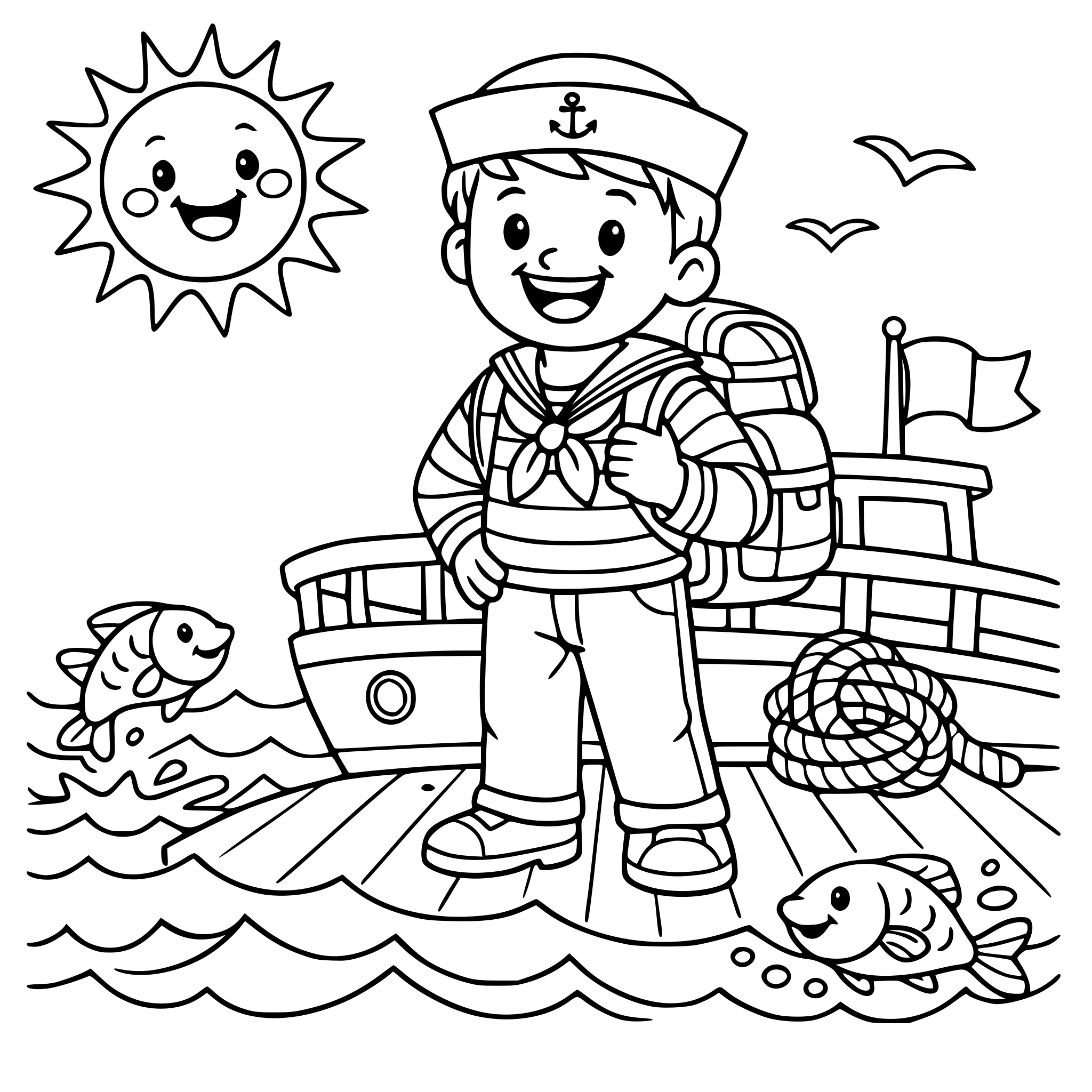 Maak een kleurplaat van een lachende matroos met een rugzak om, staande op het dek van een boot. Golven op zee en een lachende zon in de linker boven hoek, vis in de zee.