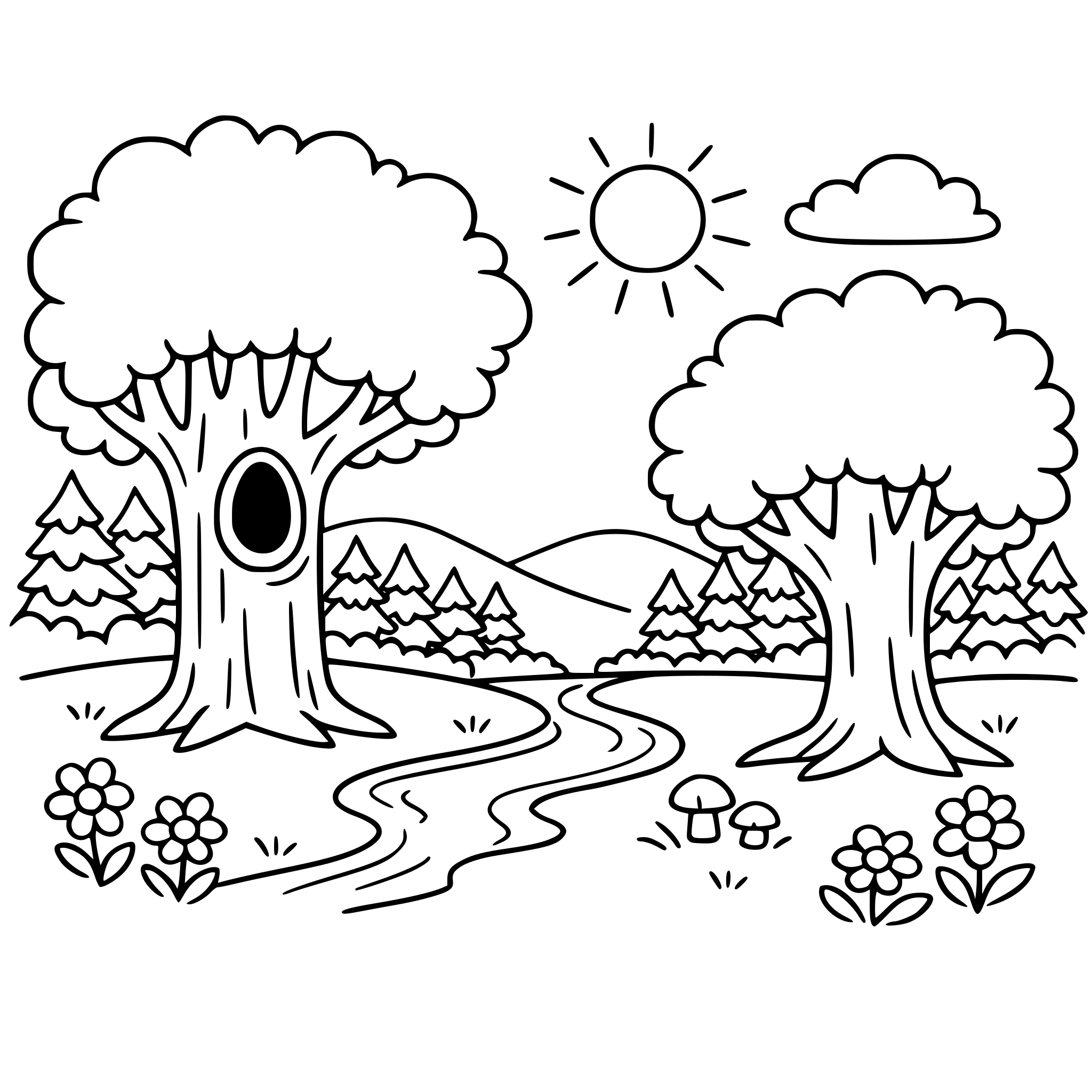 un peisaj cu o padure, in prim plan doi copai, unul dintre ei sa aiba o scorbura, sa fie un desen potrivit pentru copii