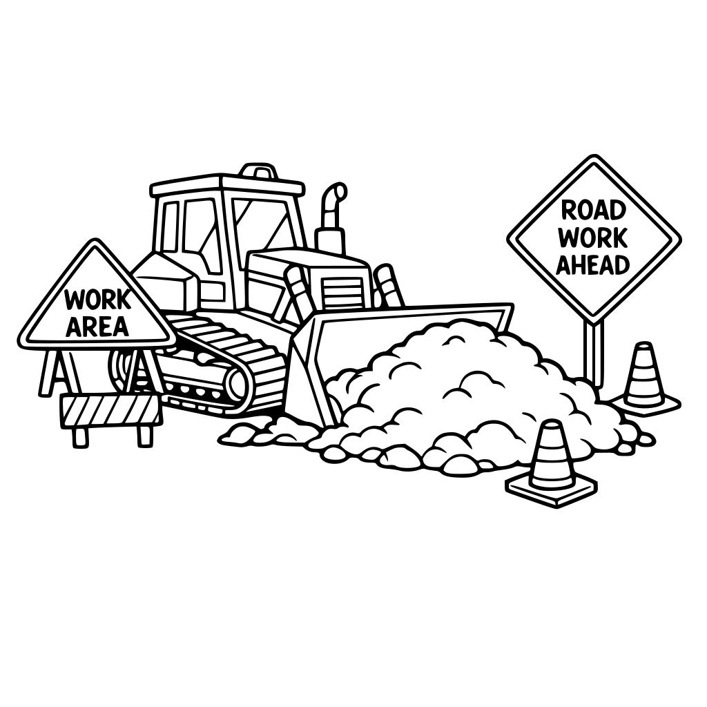 bulldozer pushing a pile of dirt with cones and signs nearby.