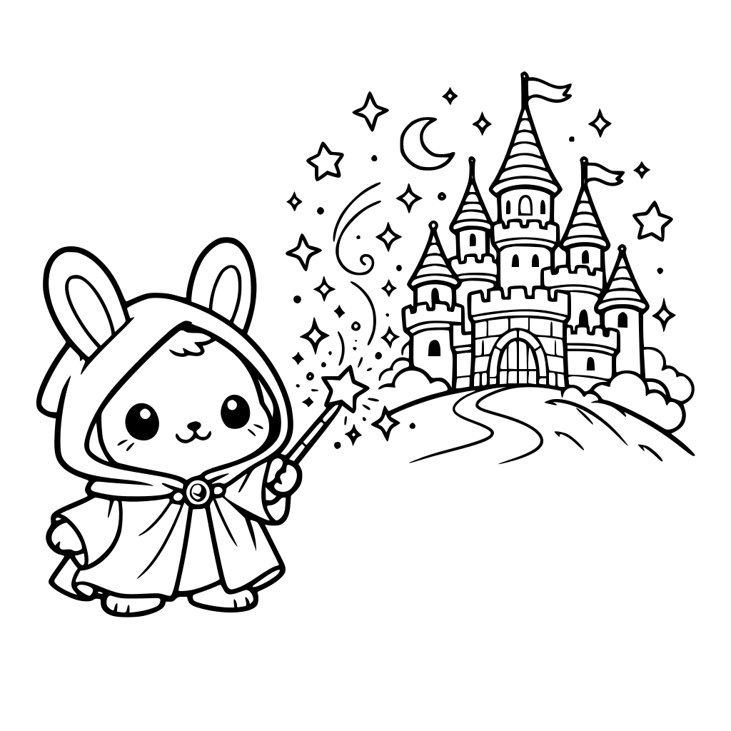 cartoon and kawaii art style of Bunny in magician robeand hood Bunny making magical castle appear on the hill — castle in background, sparkles rising.