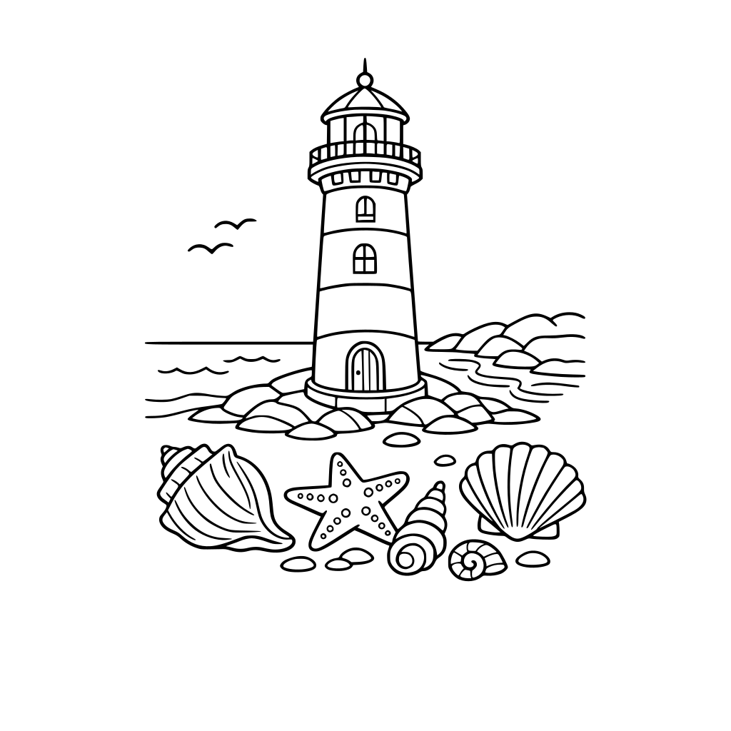 Lighthouse by the sea, seashells, simple line art, adult coloring page, clean white background