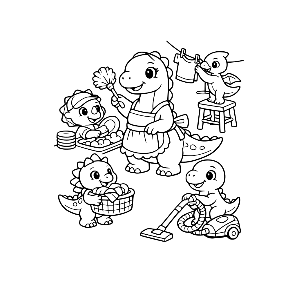 cute dinosaurs helping a mama dinosaur with house chores