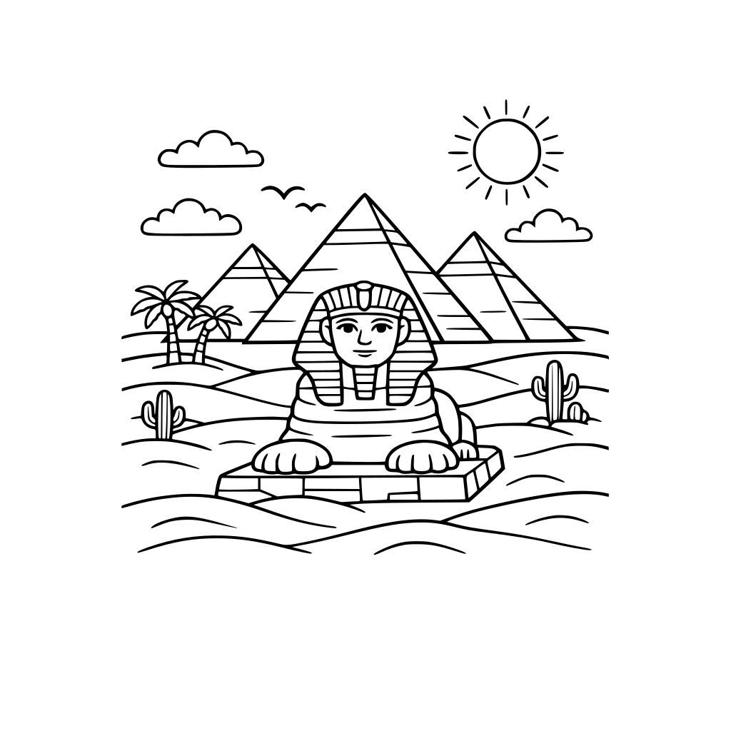 Coloring book page for kids, The Great Pyramids of Giza and the Sphinx, simple black and white line art, desert background with a, thick outlines, white background, no shading.