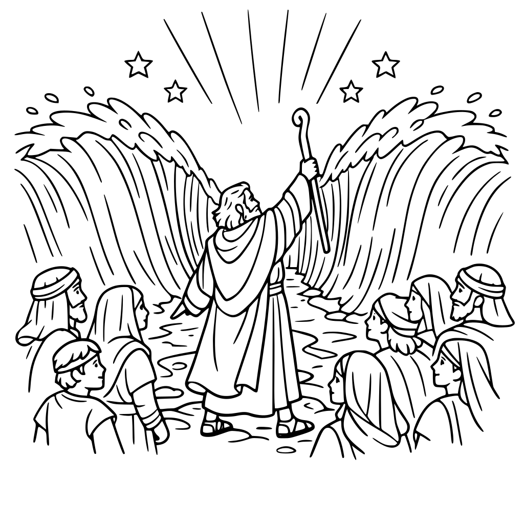 Moisés abrindo o Mar Vermelho com um cajado e várias pessoas ao redor