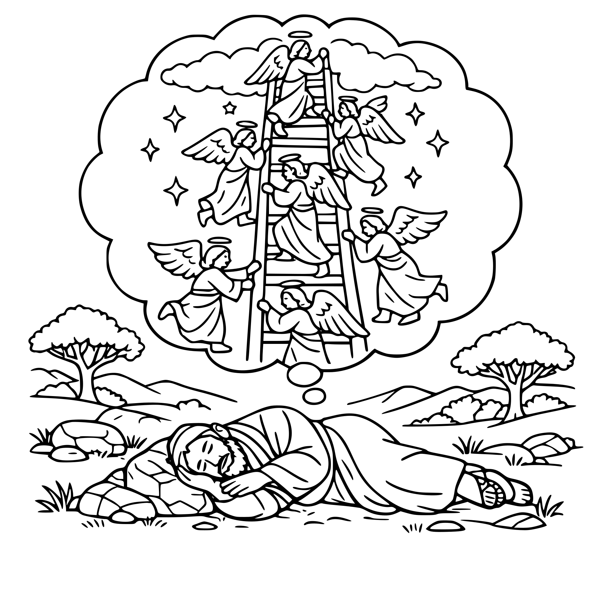 create a design with bible jacob laying on the ground dreaming. make his dream one of a large ladder with angels going up and down the ladder Include landscape elements such as rocks, grass and some trees