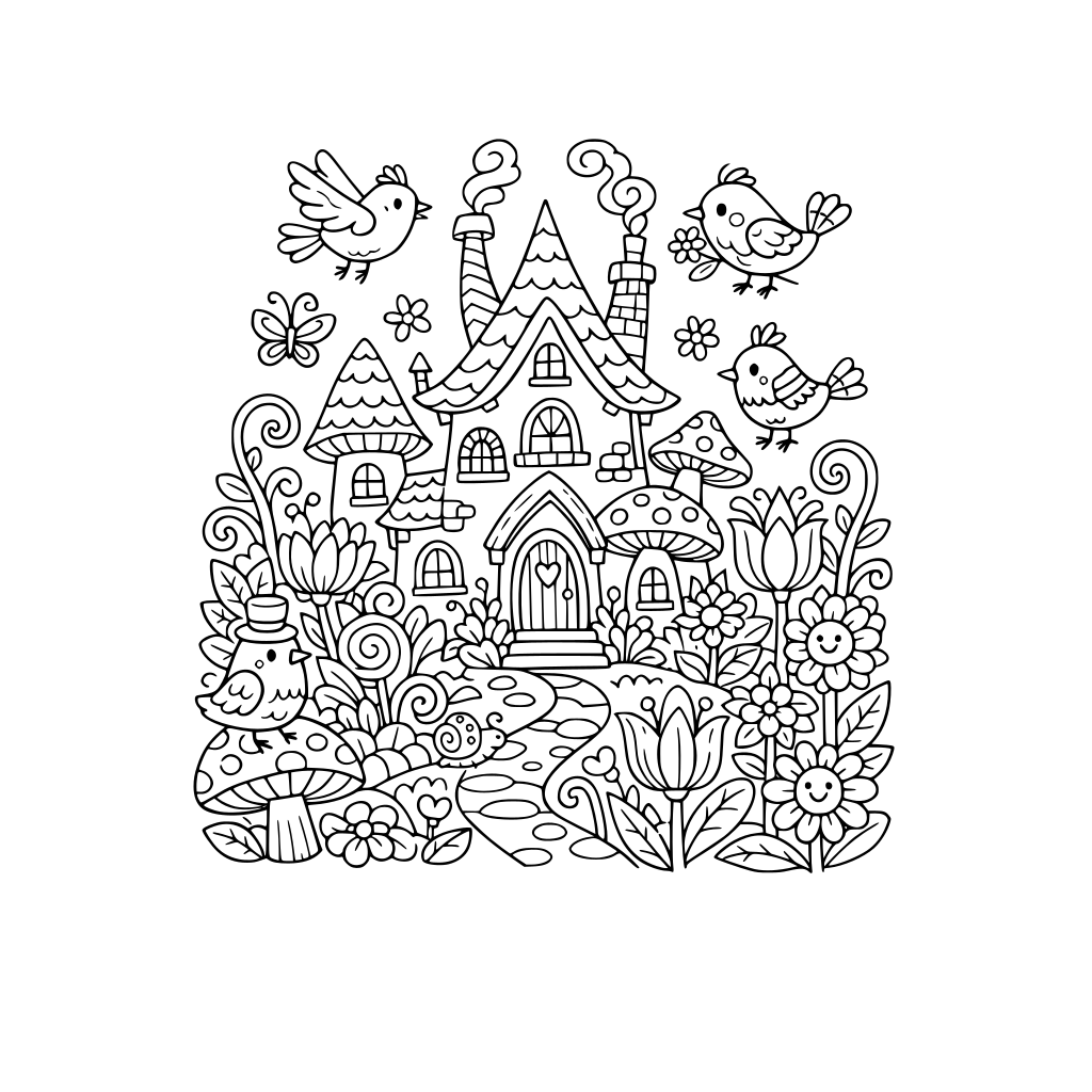 whimsical house with whimsical garden, whimsical plants, whimsical flowers, whimsical birds