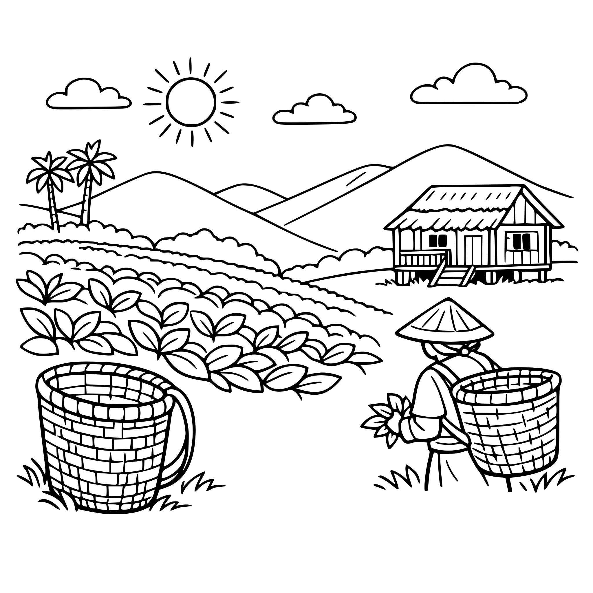 cute cozy simple Assam Tea garden scene with tea bushes, a worker basket, wooden house, and hills