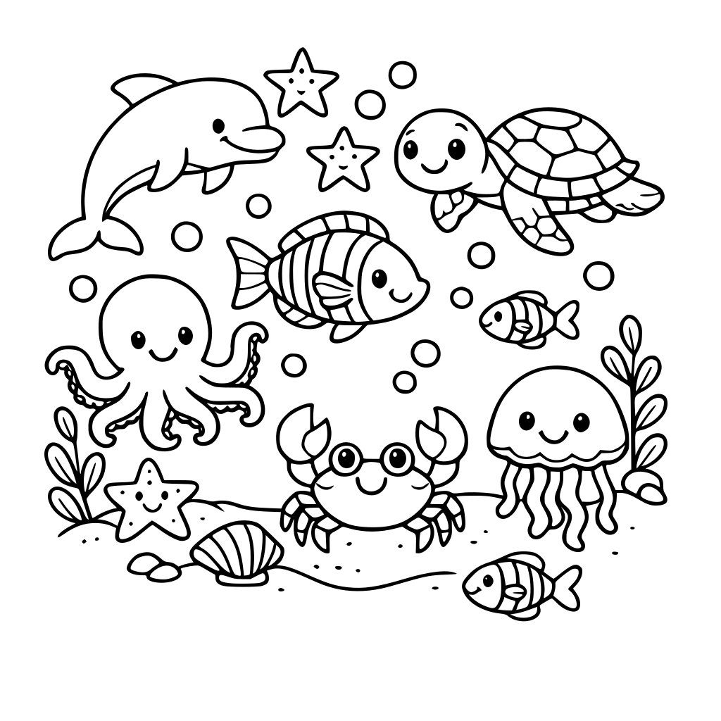 coloring page for small child of the ocean with sea life
