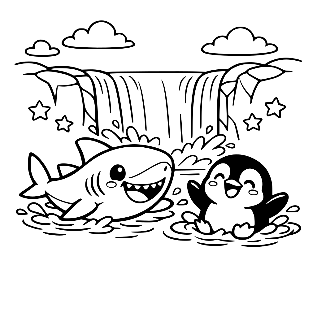 Please make cute little shark swimming with a cute pinguin they are happy and joy with under waterfall