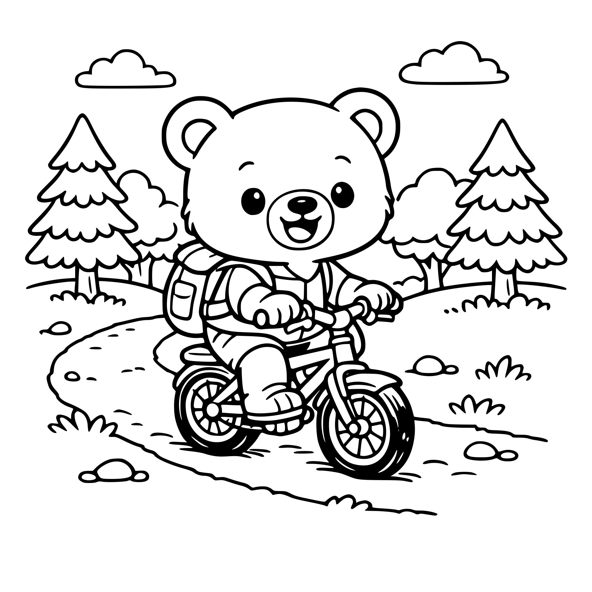 Cute cartoon illustration, a [small bear] wearing a [blue backpack], happily [riding a bicycle] down a simple dirt path, trees in the background, vibrant colors, 2D style."
