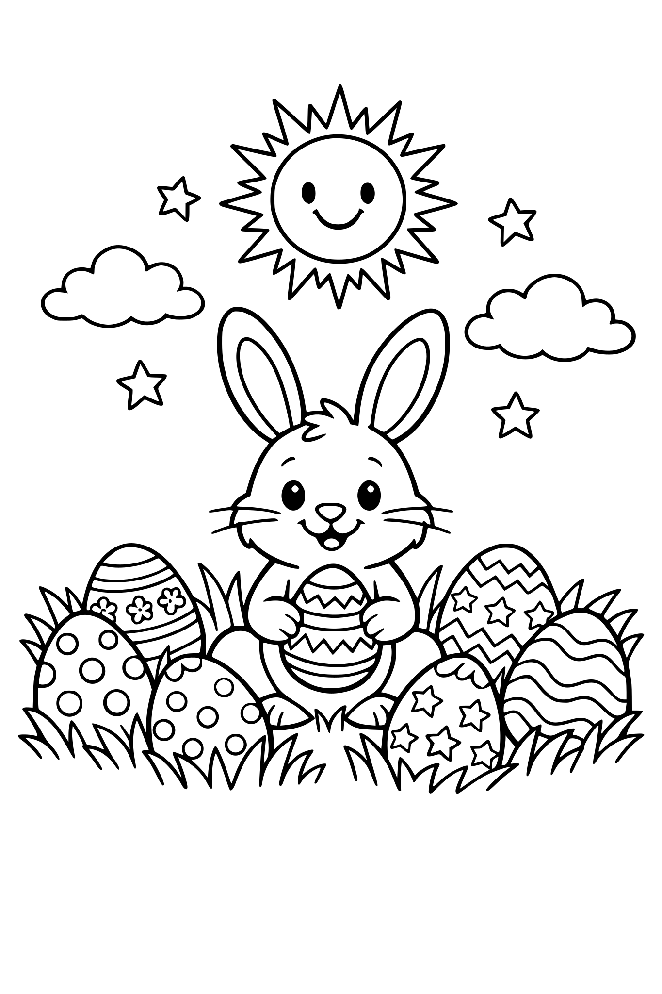 An Easter scene with an easter bunny, grass, sun, easter eggs