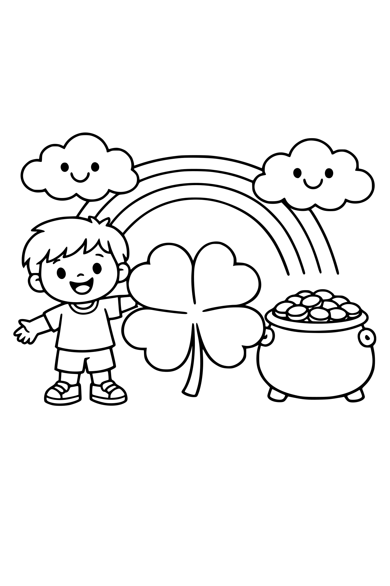 cute kids coloring page, happy child standing next to a big four leaf clover and rainbow, smiling clouds and pot of gold, simple shapes, thick outlines, kids coloring book style