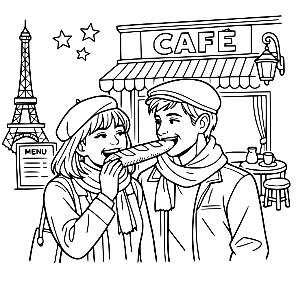 Duo dégustant une baguette devant un café parisien stylisé