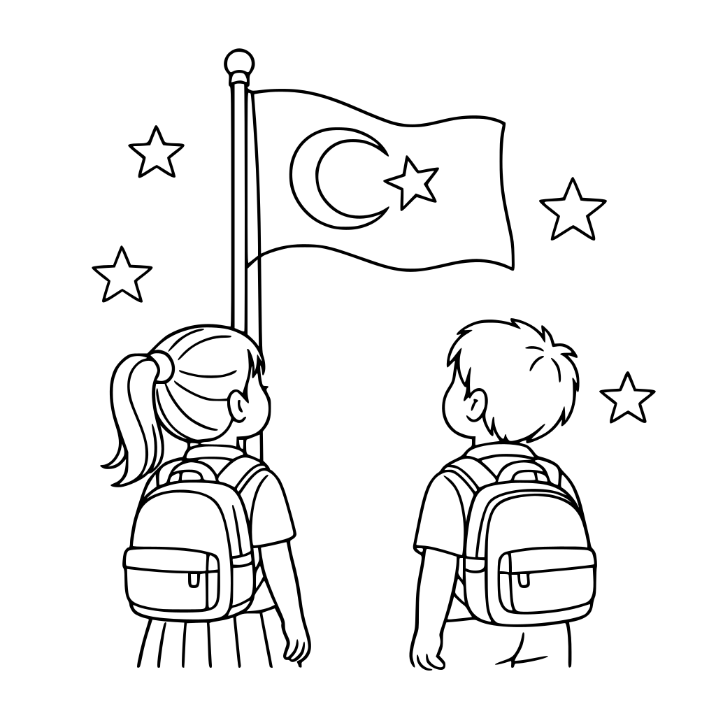 göndere çekilmiş bir türk bayrağına bakan bir kız ve erkek öğrenci