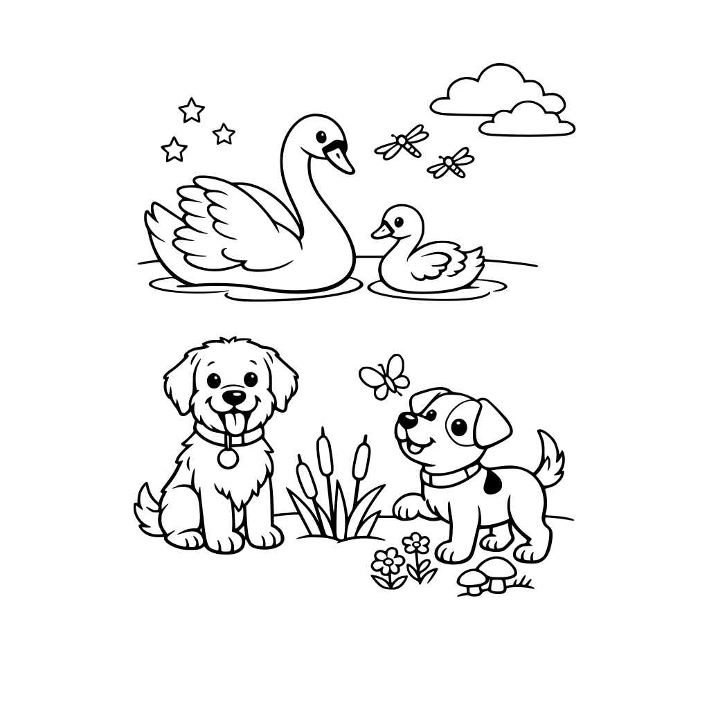 I want to create a colouring book page for a pub kids menu to keep with the name of the pub which is swan and dog. so I would like some picture of swans and dogs for children under 12.