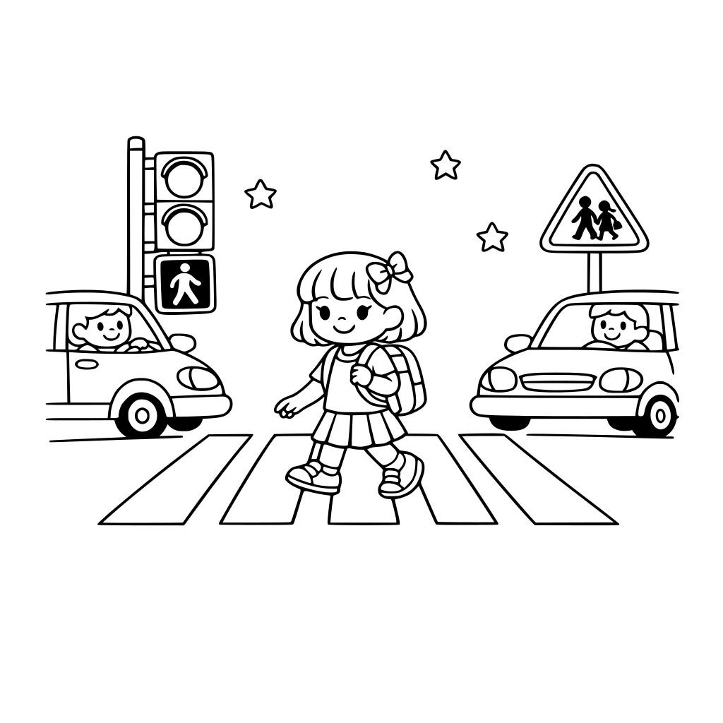 I want a Bobbie Goods-style drawing focused on traffic safety education. I imagined a child returning from school and crossing the street at a crosswalk, respecting the traffic signals and the cars stopped to let her cross.