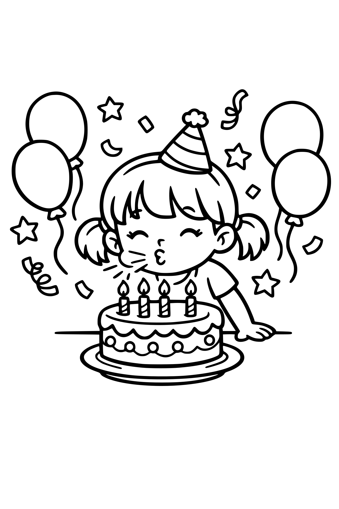 cute kids coloring page, happy girl blowing out candles on a birthday cake, balloons and confetti around, simple shapes, thick outlines