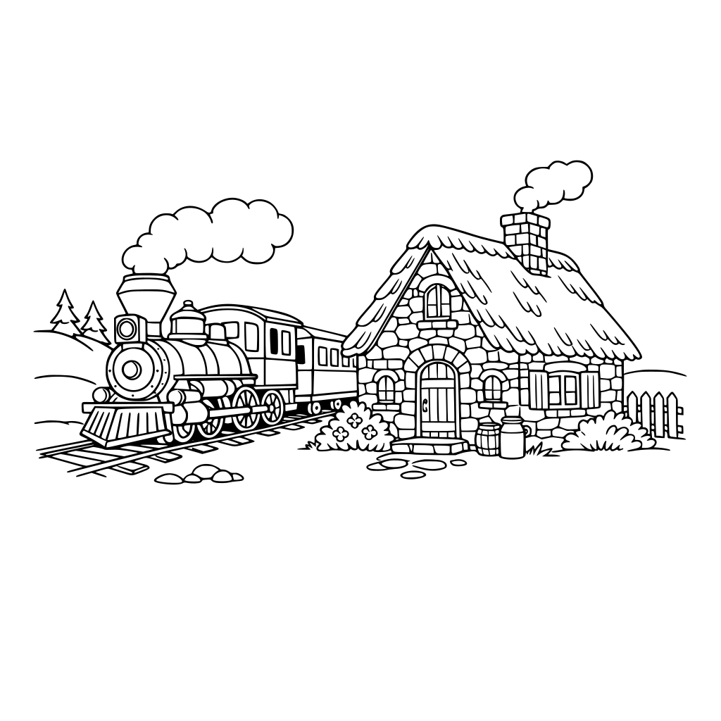 por favor dibuja un tren al lado de una casa de piedra