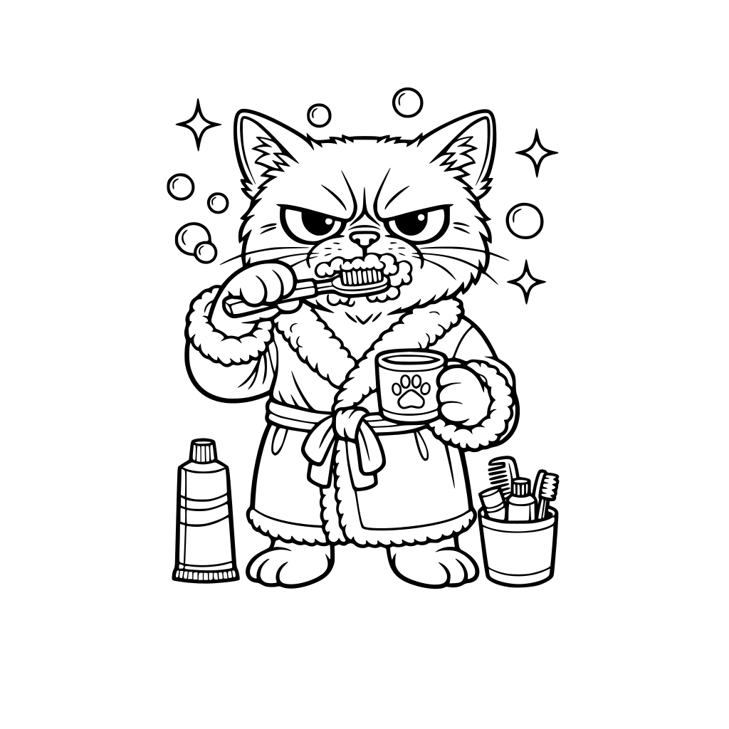 A grumpy cat brushing his teeth