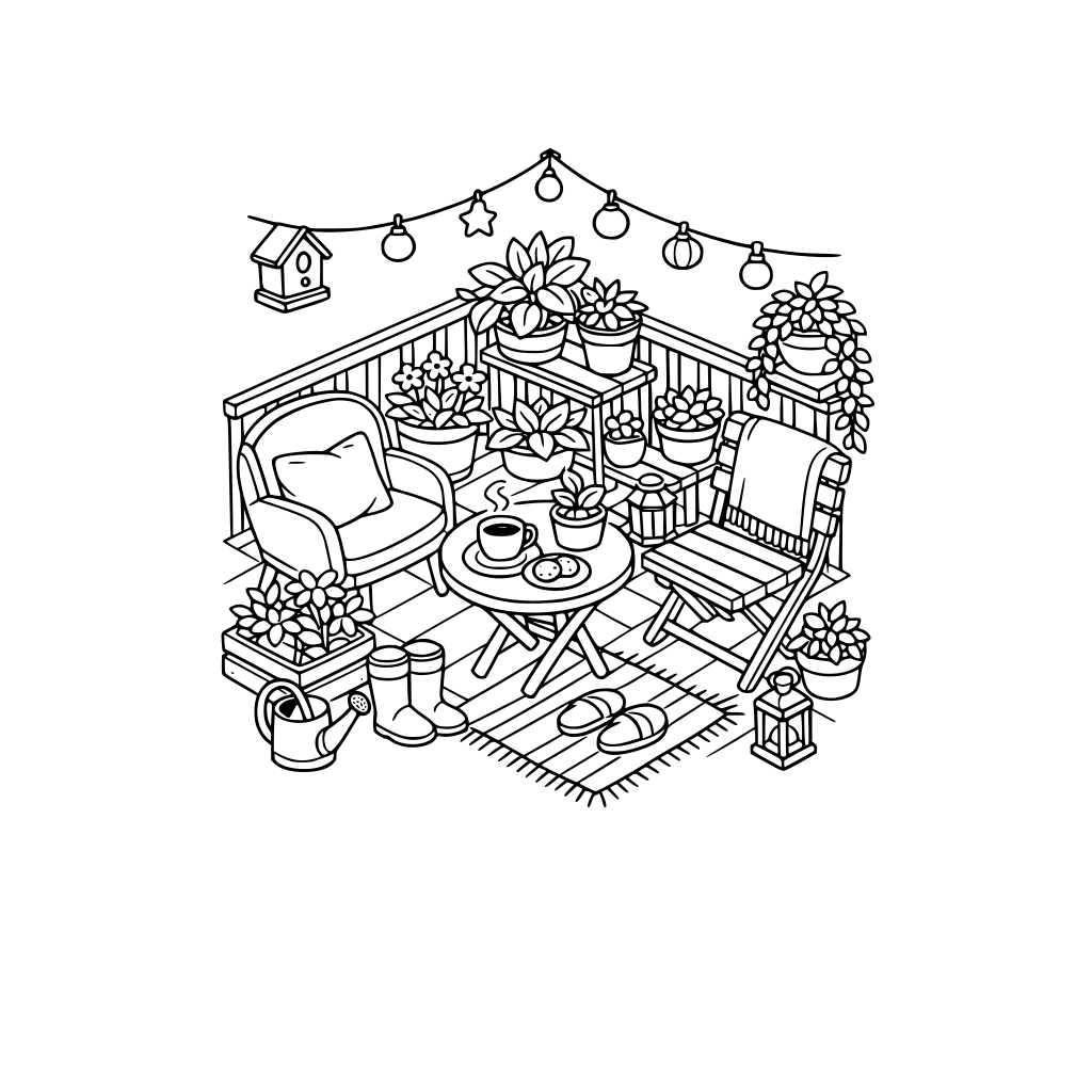 cute and cozy balcony with plants, watering can, chairs, coffee, 3d isometric