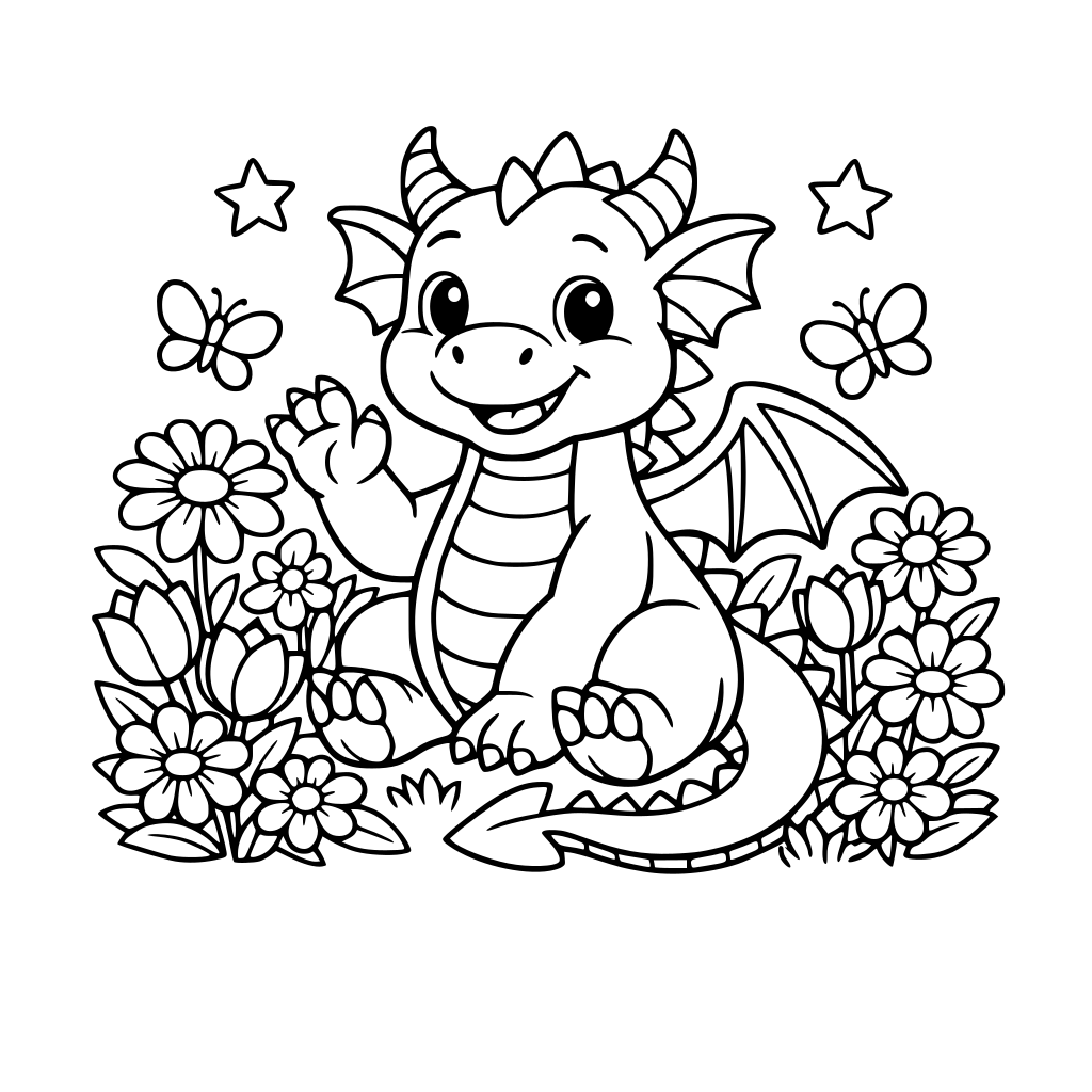 Un dragón amigable en un jardín lleno de flores.