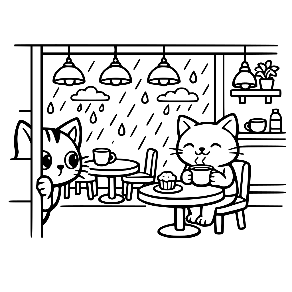 Black and white line art, bold and easy coloring page for kids, A cat secretly watching another cat through a café window, cozy interior with small tables, hanging lights, rain outside , thick lines, white background, no shading, clean edges.