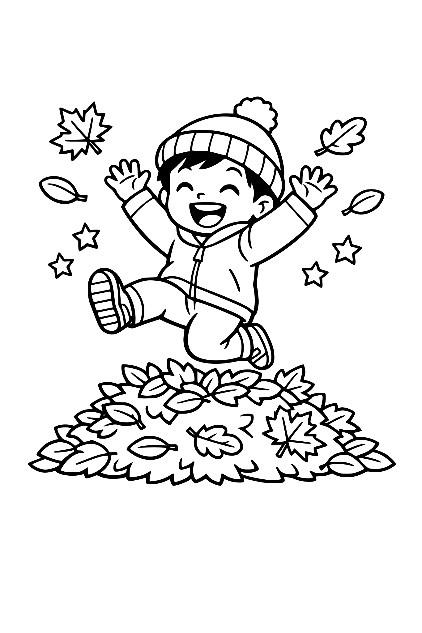 child jumping in a pile of leaves