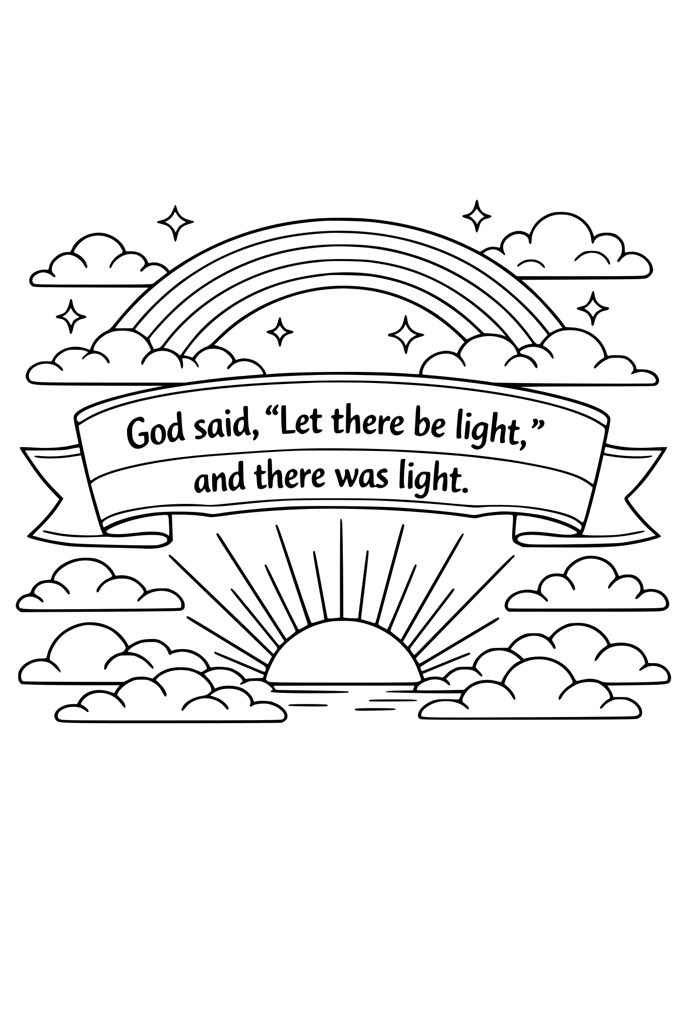 Sunrise sky with clouds, rainbow arc, sun rays. Centered verse banner: "God said, 'Let there be light,' and there was light."