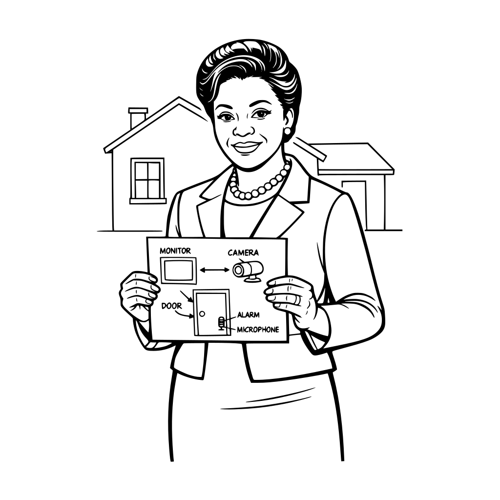 Marie Van Brittan Brown holding a simple security system design sketch, confident expression, simple 1960s professional attire, minimal home outline in background, mid-body framing.