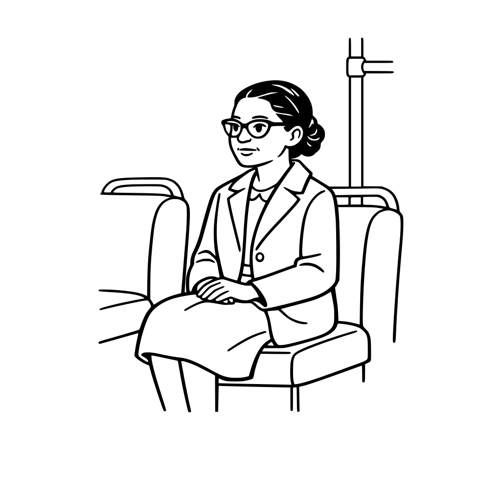 Rosa Parks sitting calmly on a bus seat, simple 1950s dress and coat, peaceful strong expression wearing glasses, very simple facial features, minimal bus interior lines, petite -body framing.