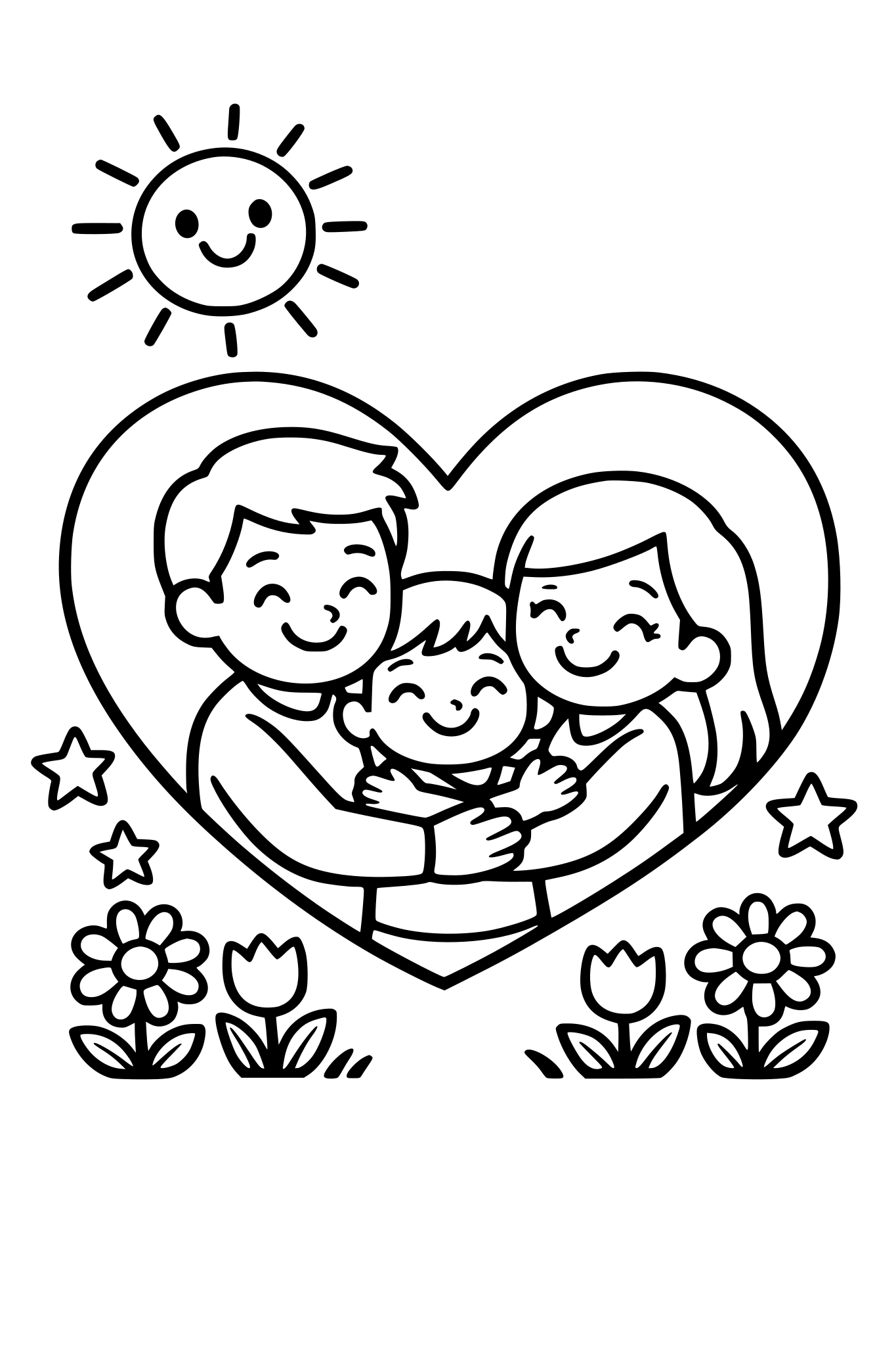 cute kids coloring page, child hugging mom and dad, big heart around the family, smiling sun and flowers, simple shapes, thick outlines