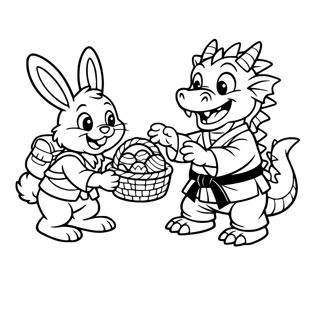 cartoon easter bunny delivering easter eggs to a cartoon dragon wearing a karate uniform