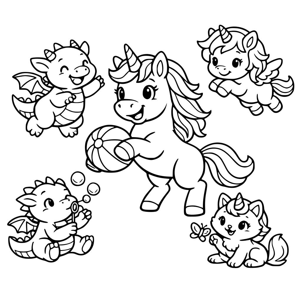 a unicorn playing with there friends