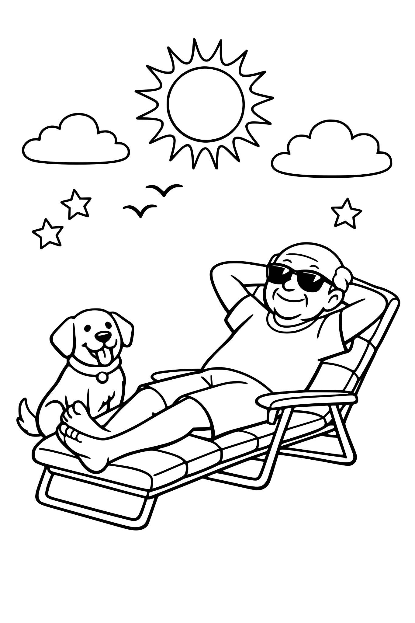 Een opa op een ligbed in de zon in de tuin met een hond naast hem