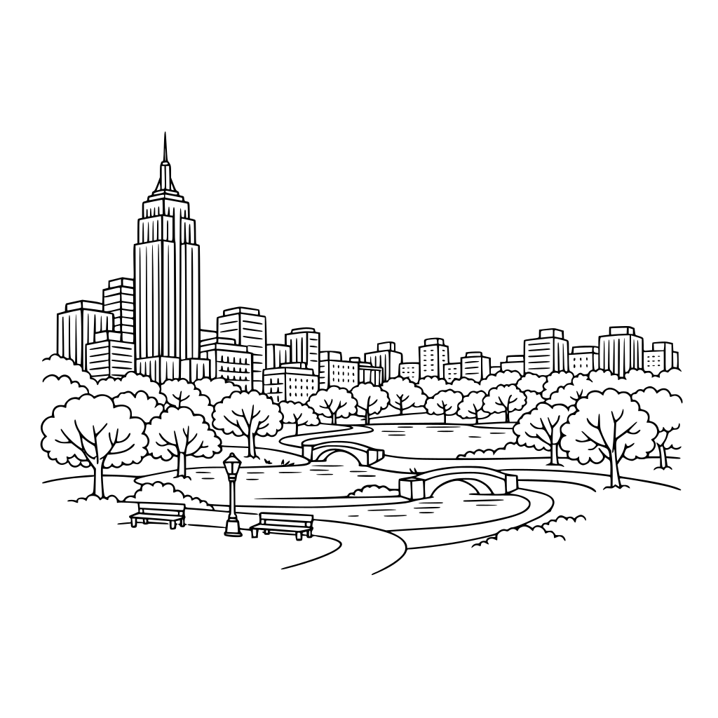 City scape with tall building and the park in the distance