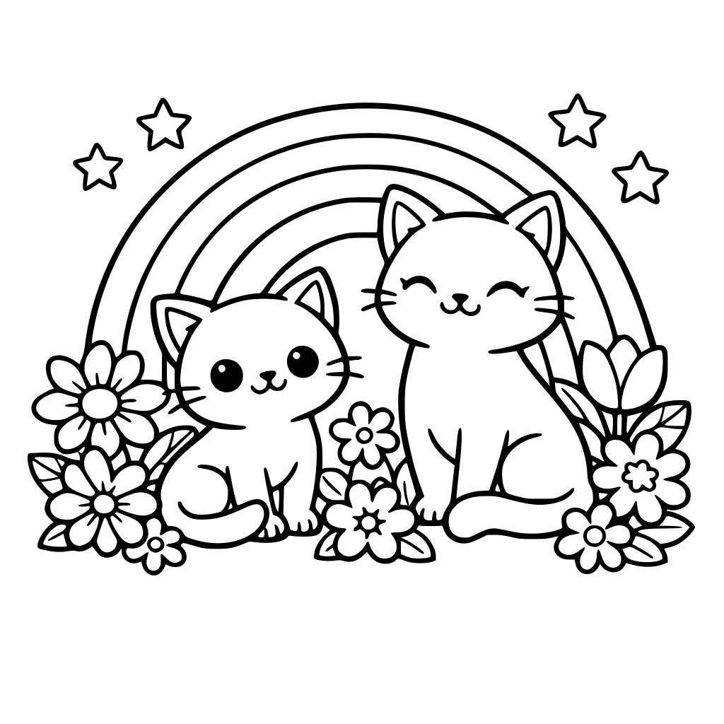 Gatos con arcoíris y flores
