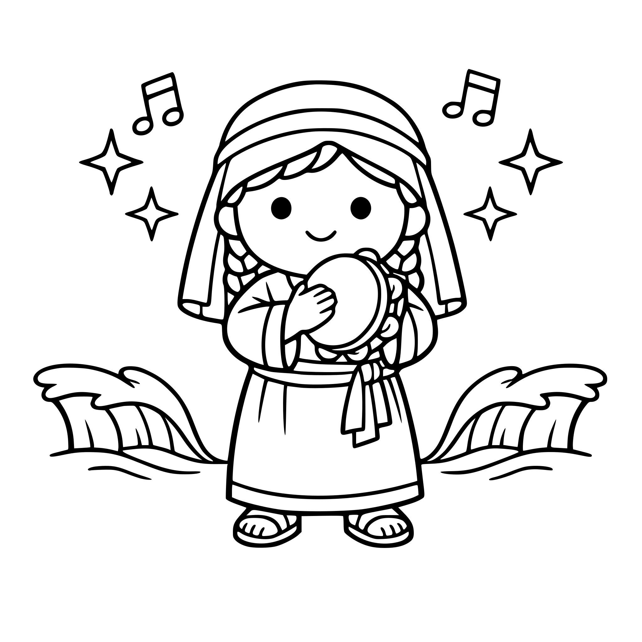 Black-and-white coloring page. Bible woman [NAME] performing known action. Toddler-style proportions: round cheeks, simple eyes (black dot), natural hair, accurate attire. Universal symmetry