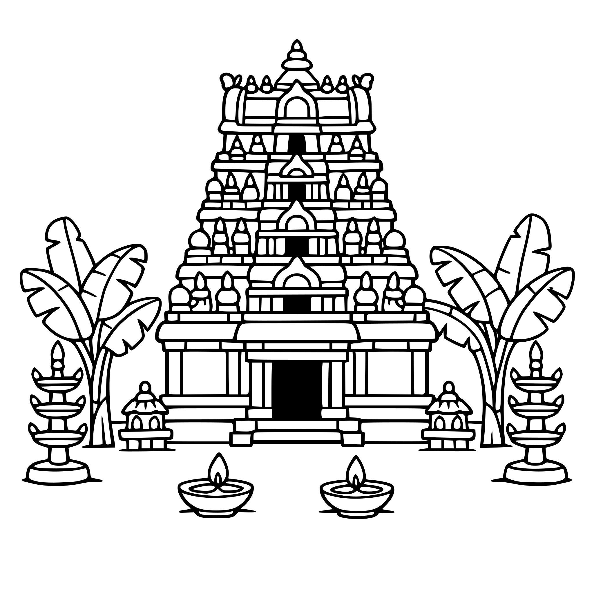 Cute cozy simple Tamil Nadu South Indian temple with gopuram tower, banana leaves, and lamps.